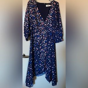 Eliza J Polka Dot Surplice Faux Wrap  Handkerchief midi dress